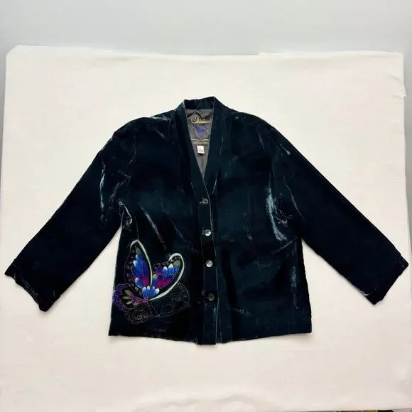 Chicos Green Silk & Velvet Painted Butterfly Kimono Blazer Jacket Size 2 (L/12) - Picture 5 of 12